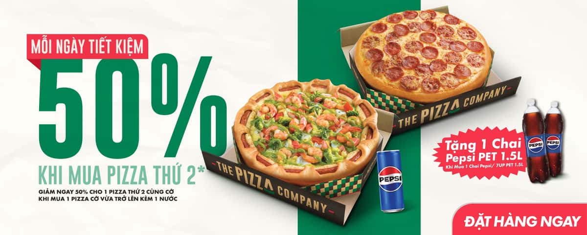 Tiết kiệm 50% pizza thứ 2 khi mua kèm nước Tiết kiệm 50% pizza thứ 2 khi mua kèm nước